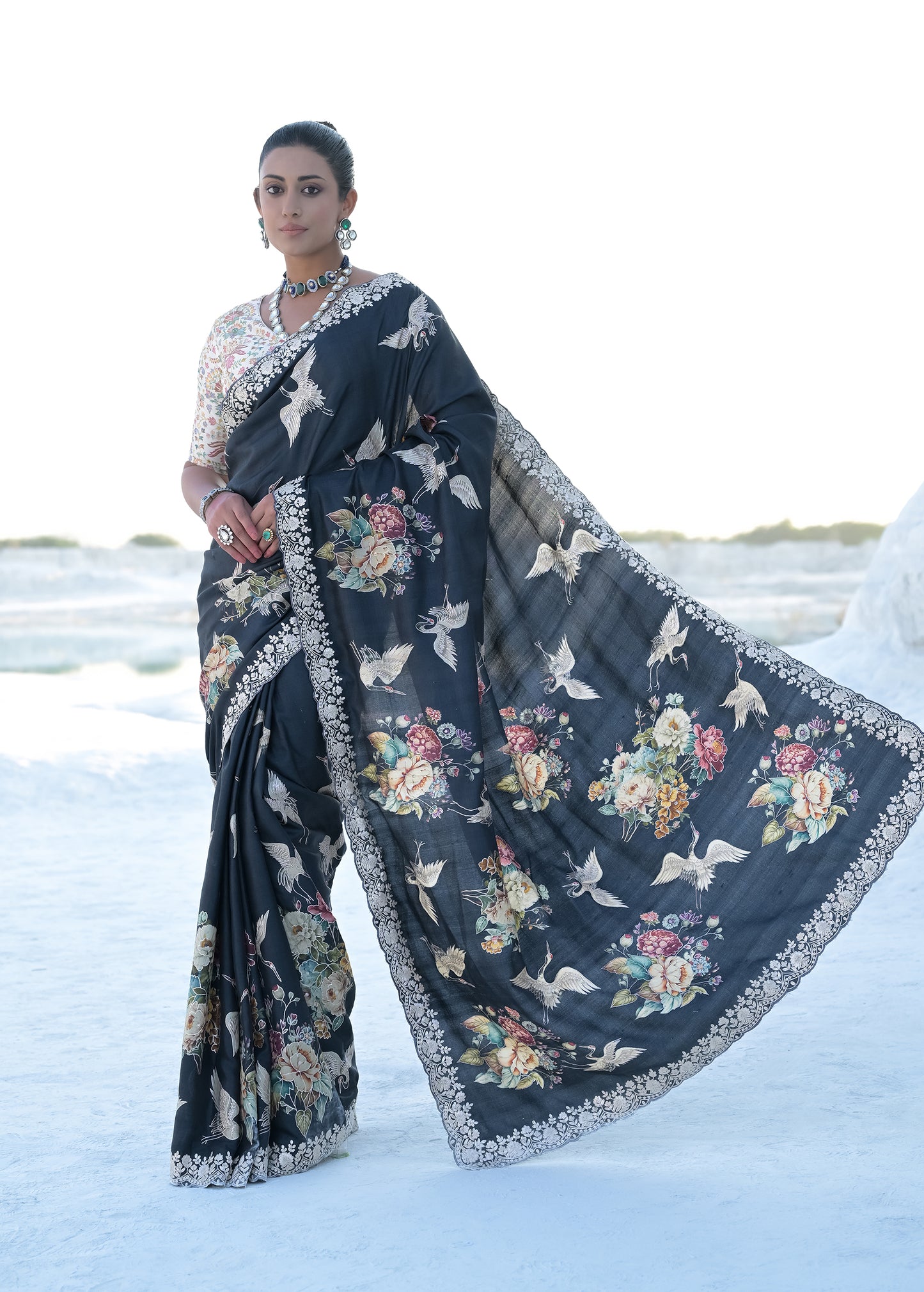 Black Tussar Embroidered Saree