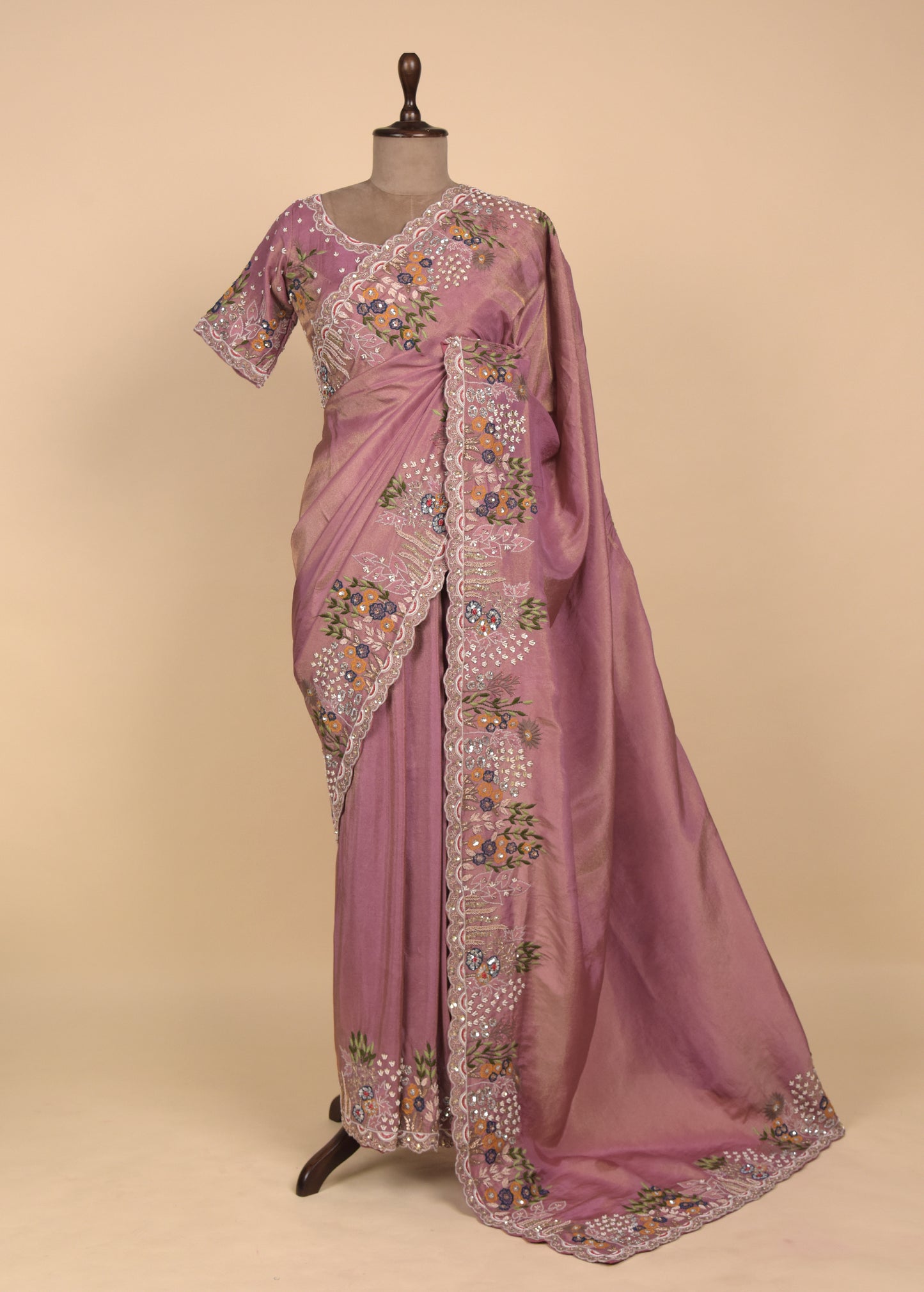 Pink Tissue Embroidered Saree