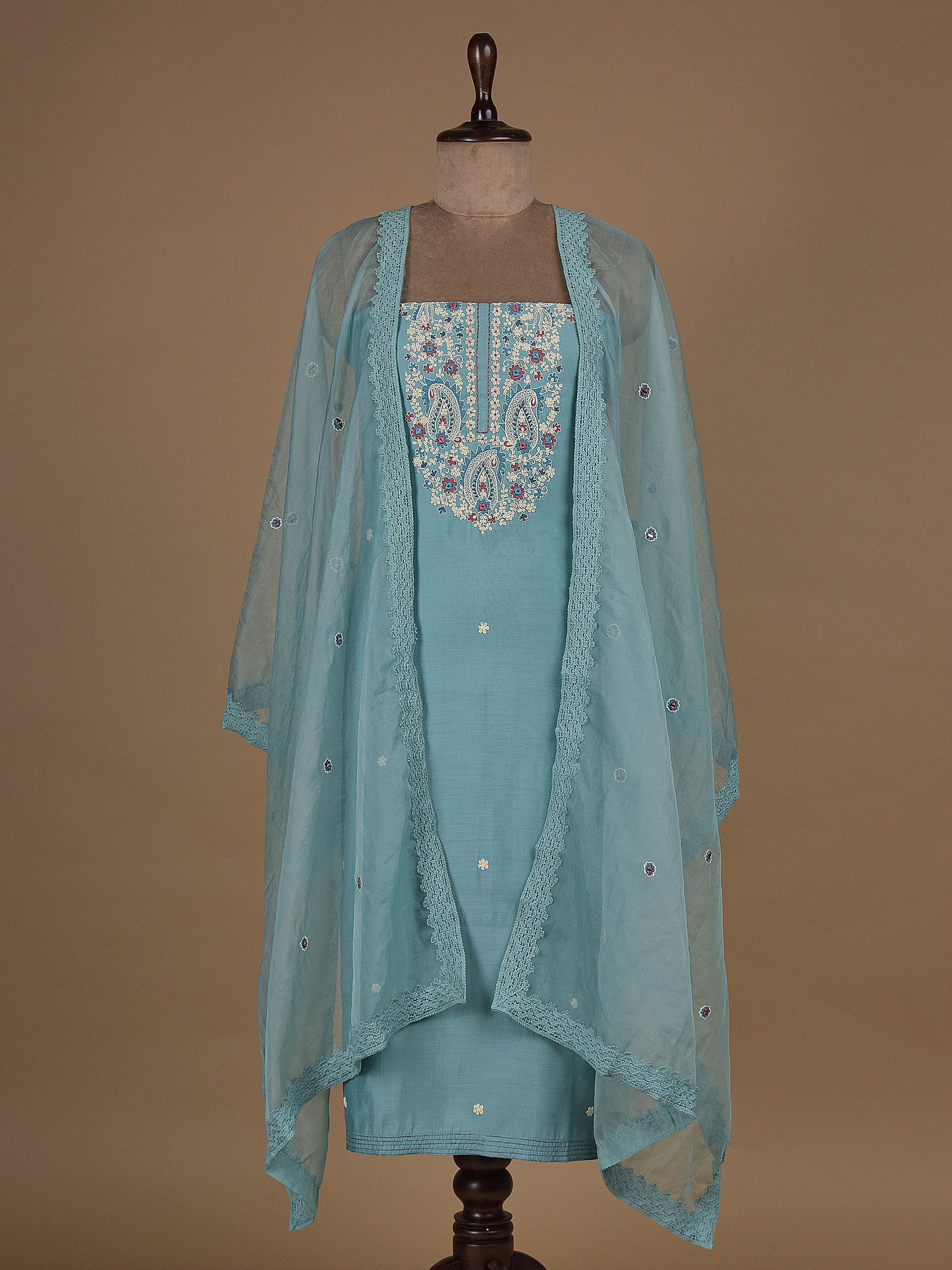 Blue Chanderi Cotton Dress Material