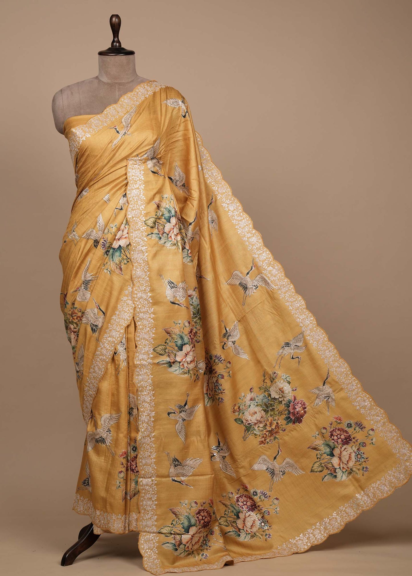 Yellow Tussar Embroidered Saree