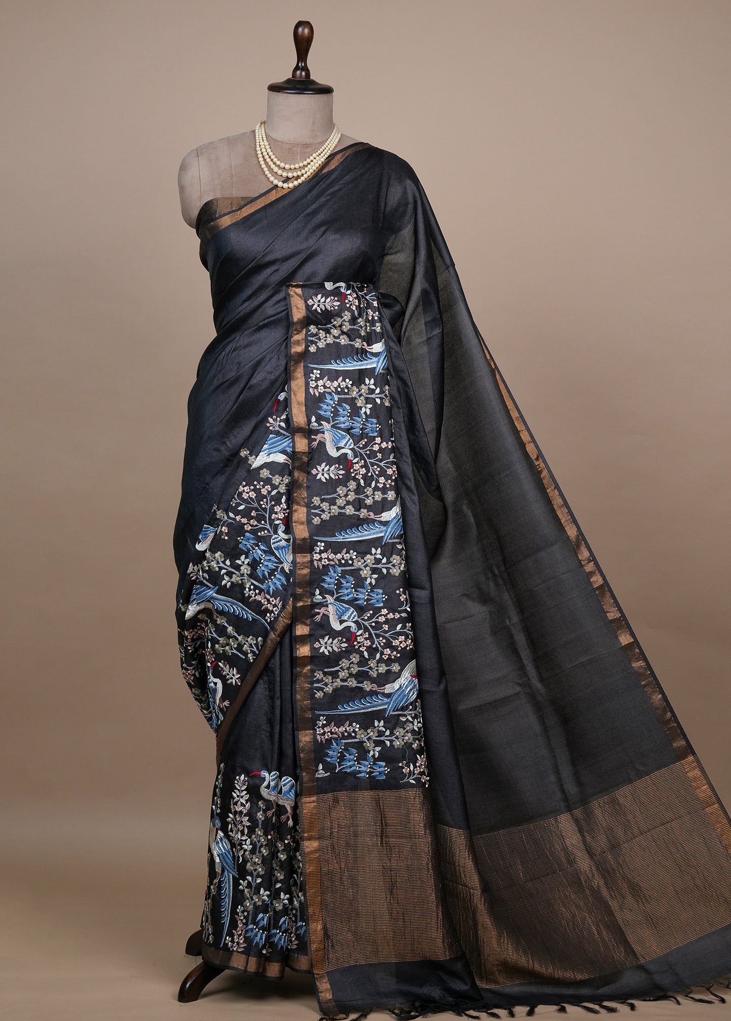 Black Tussar Embroidered Saree