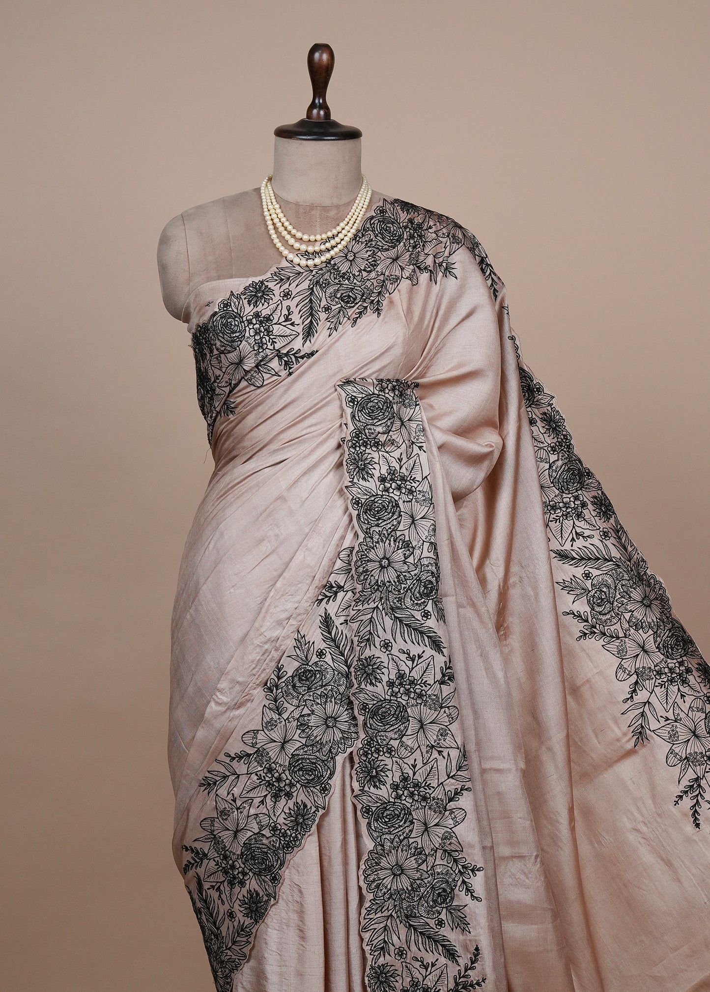 Beige Tussar Embroidered Saree
