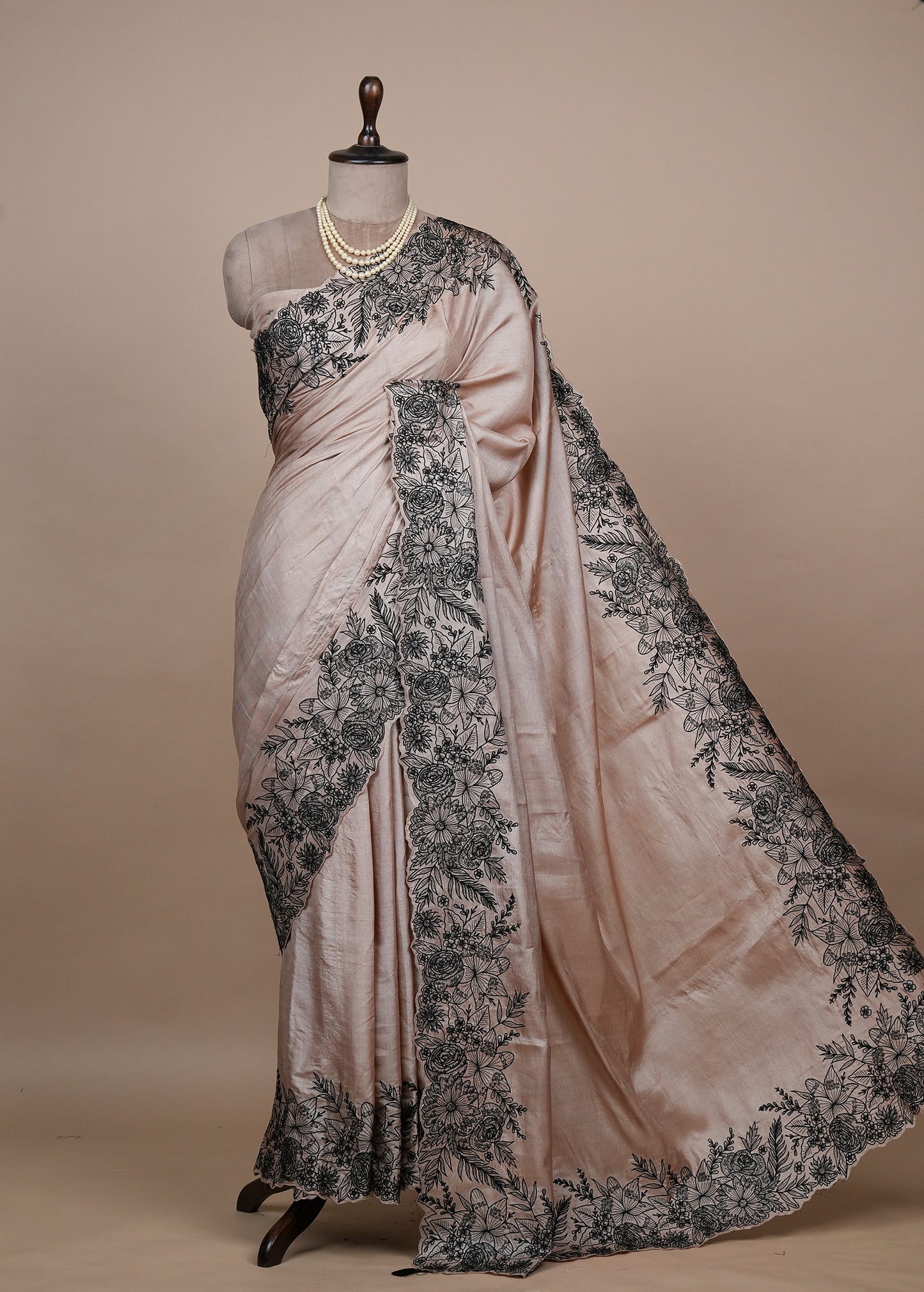 Beige Tussar Embroidered Saree