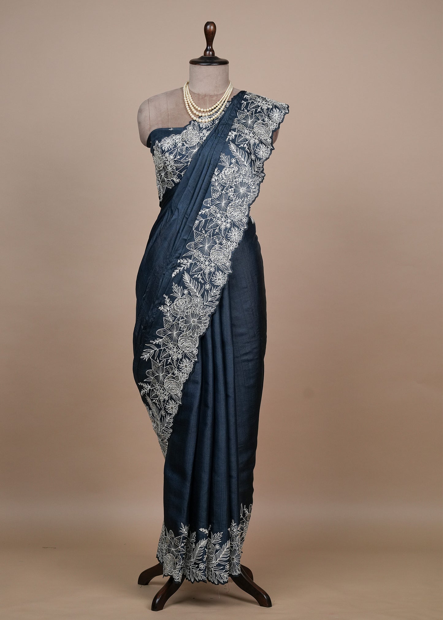 Blue Tussar Embroidered Saree