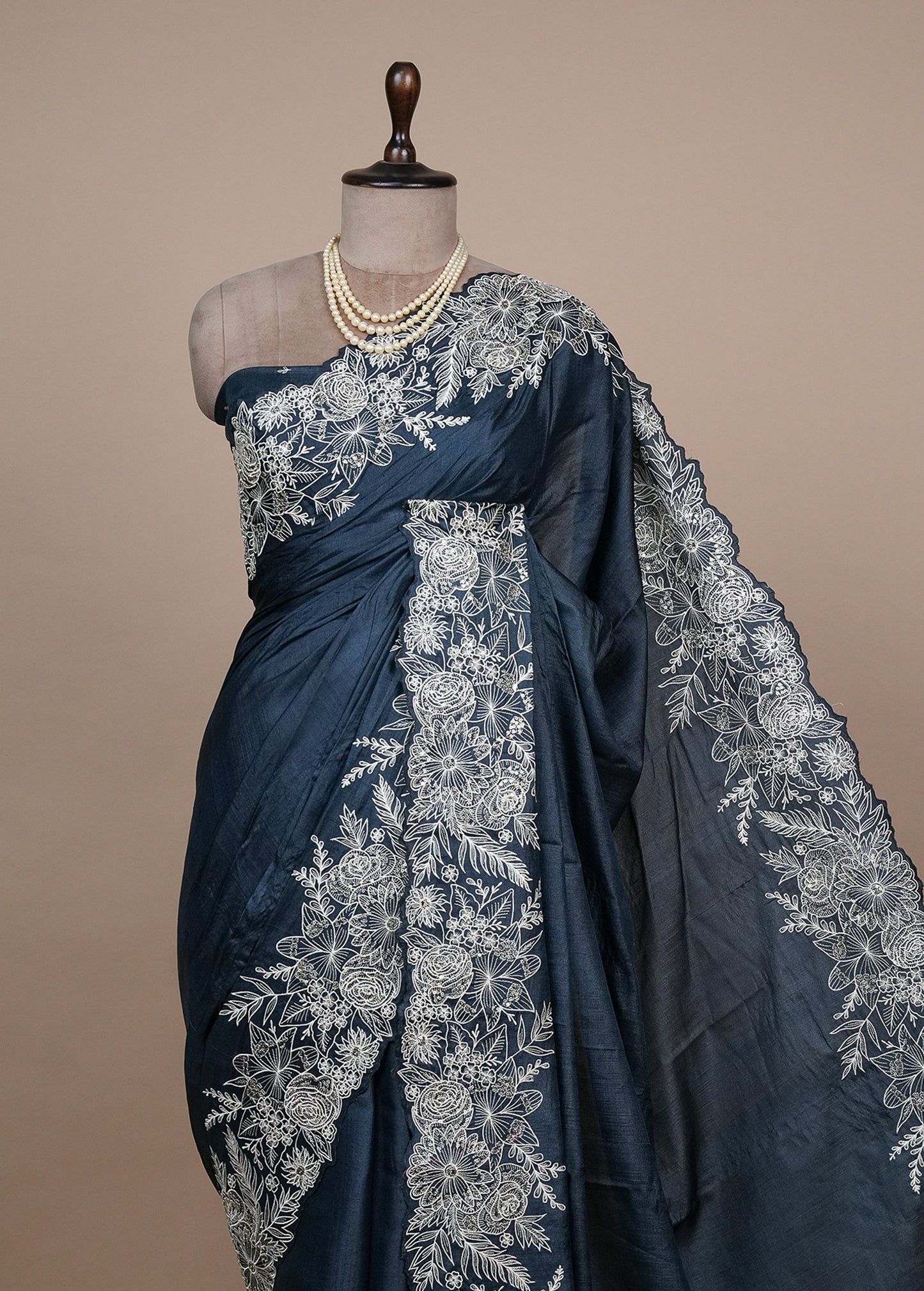 Blue Tussar Embroidered Saree