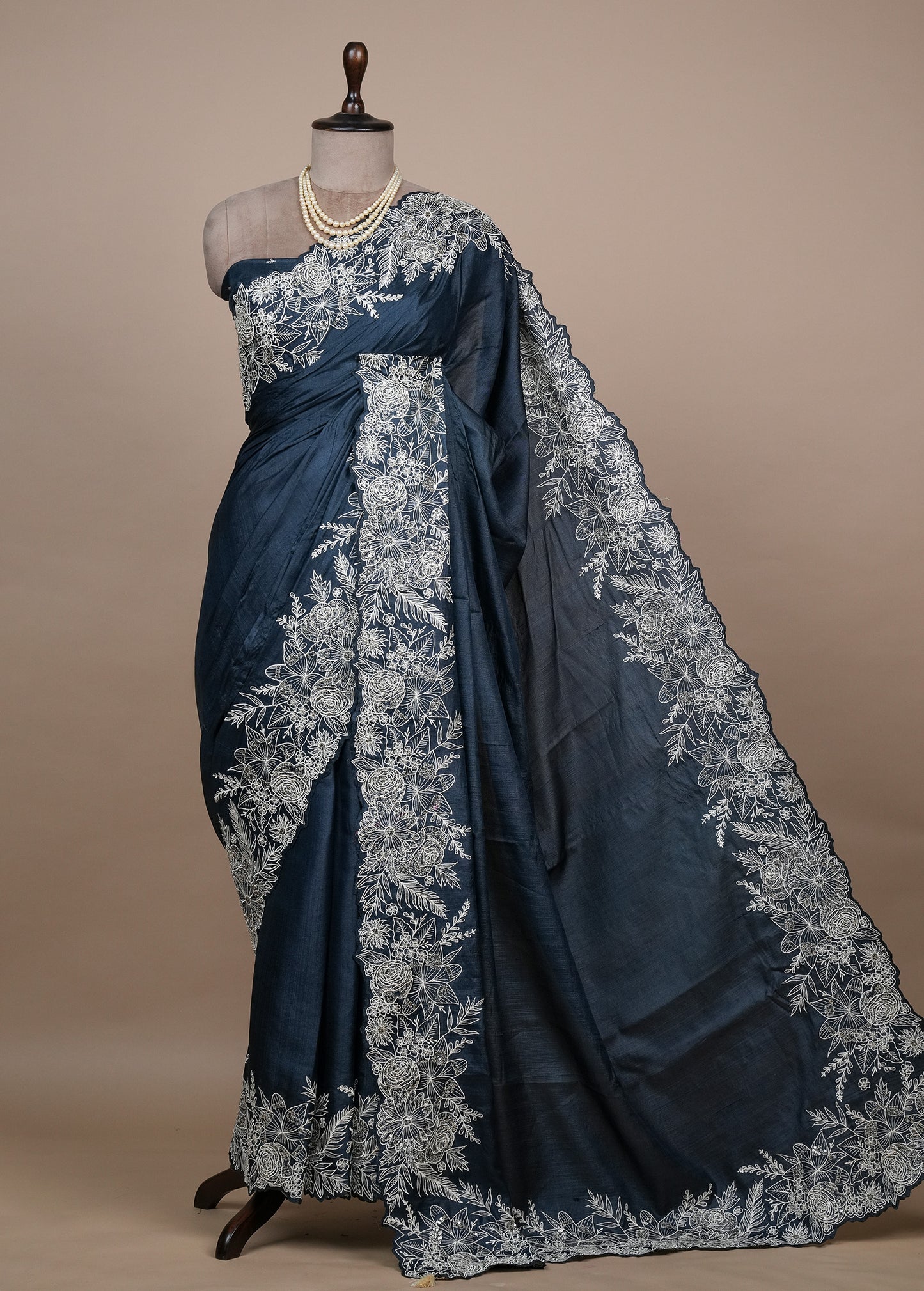 Blue Tussar Embroidered Saree