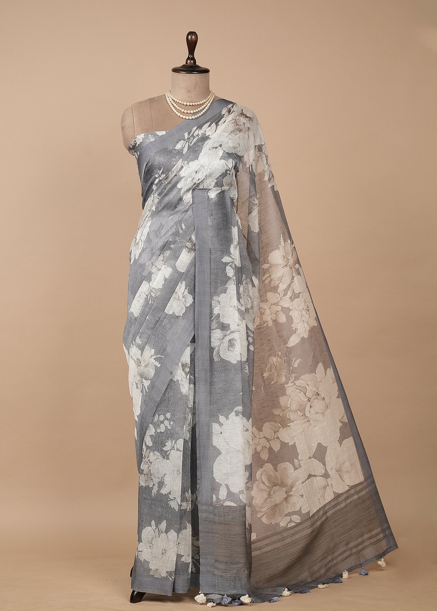 Grey Linen Printed Saree