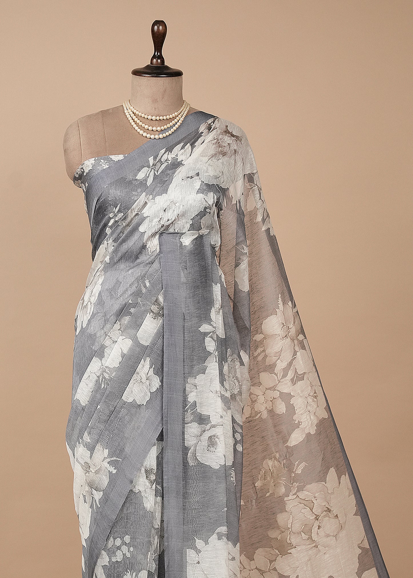 Grey Linen Printed Saree