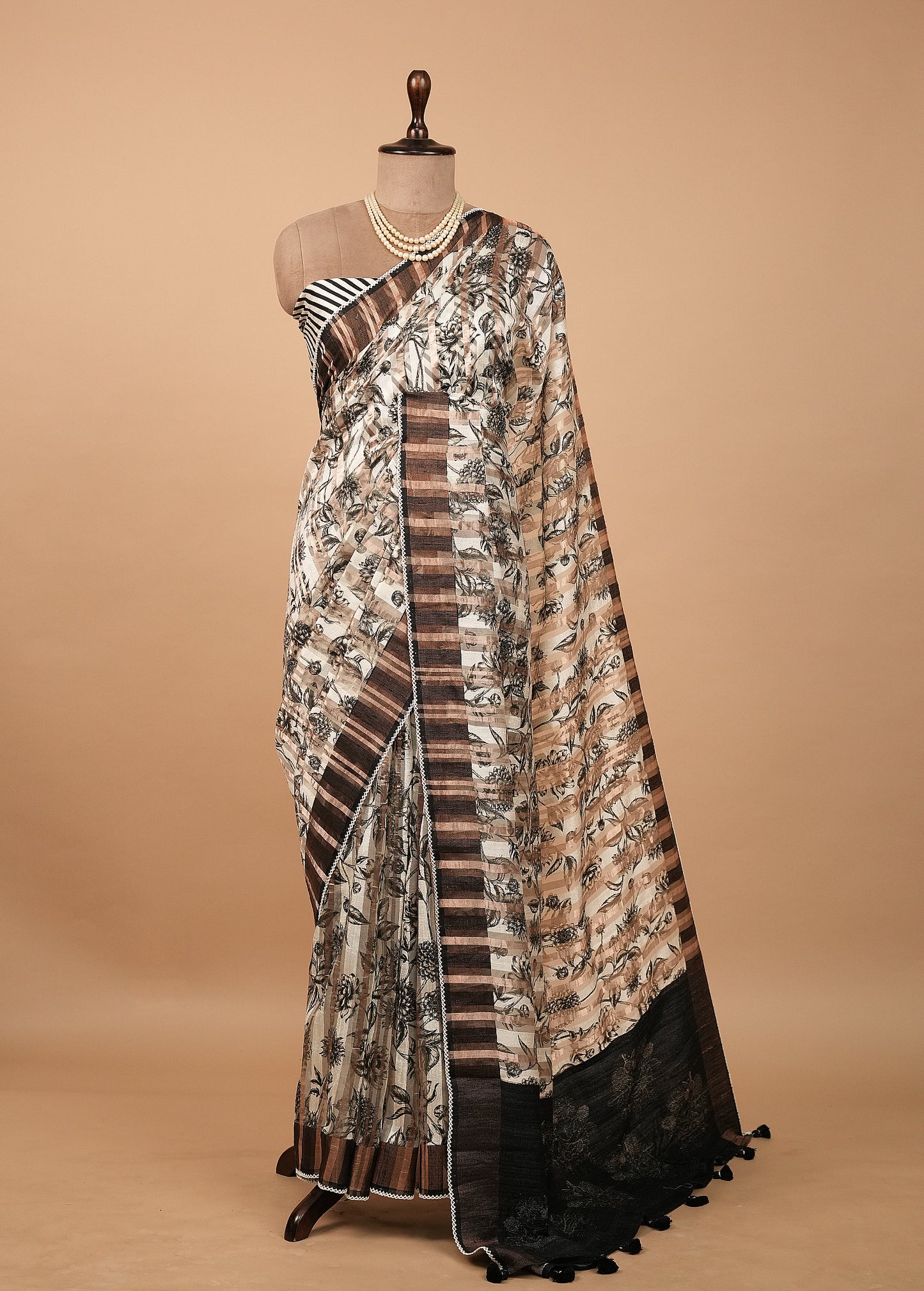 Black & White Tussar Printed Saree