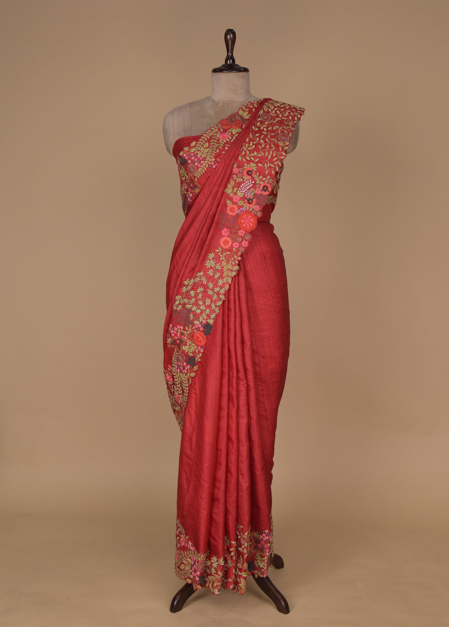 Red Tussar Embroidered Saree