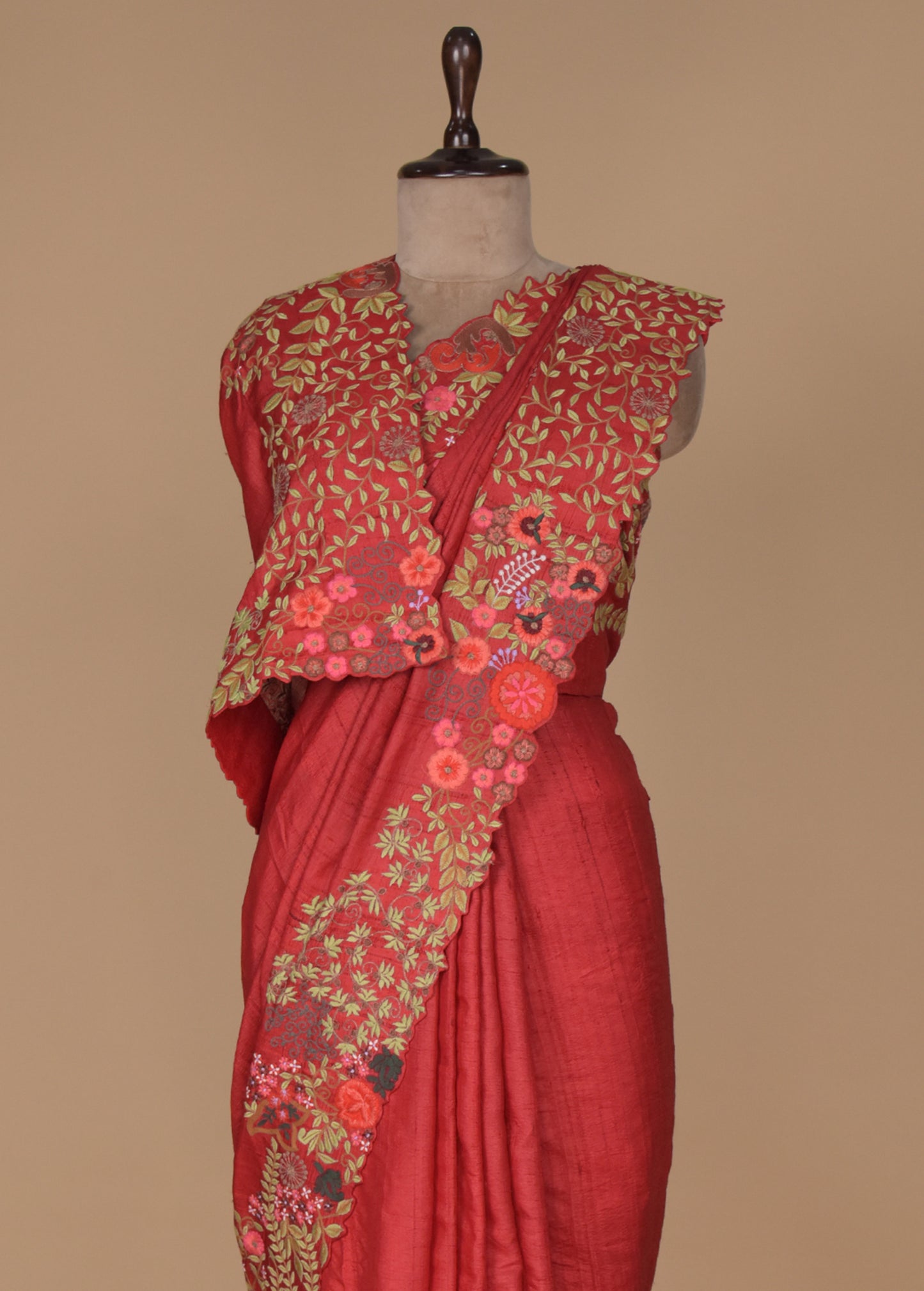 Red Tussar Embroidered Saree