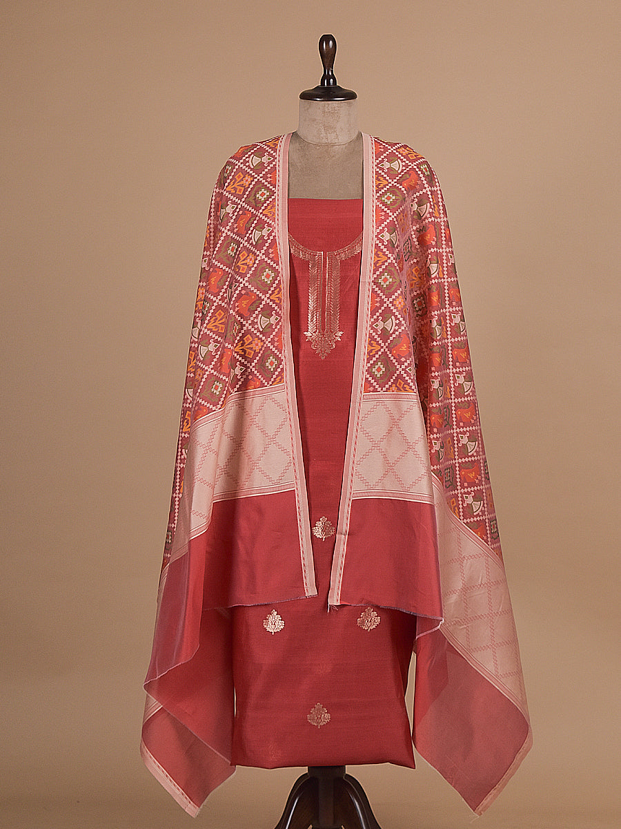 Red Chanderi Cotton Dress Material