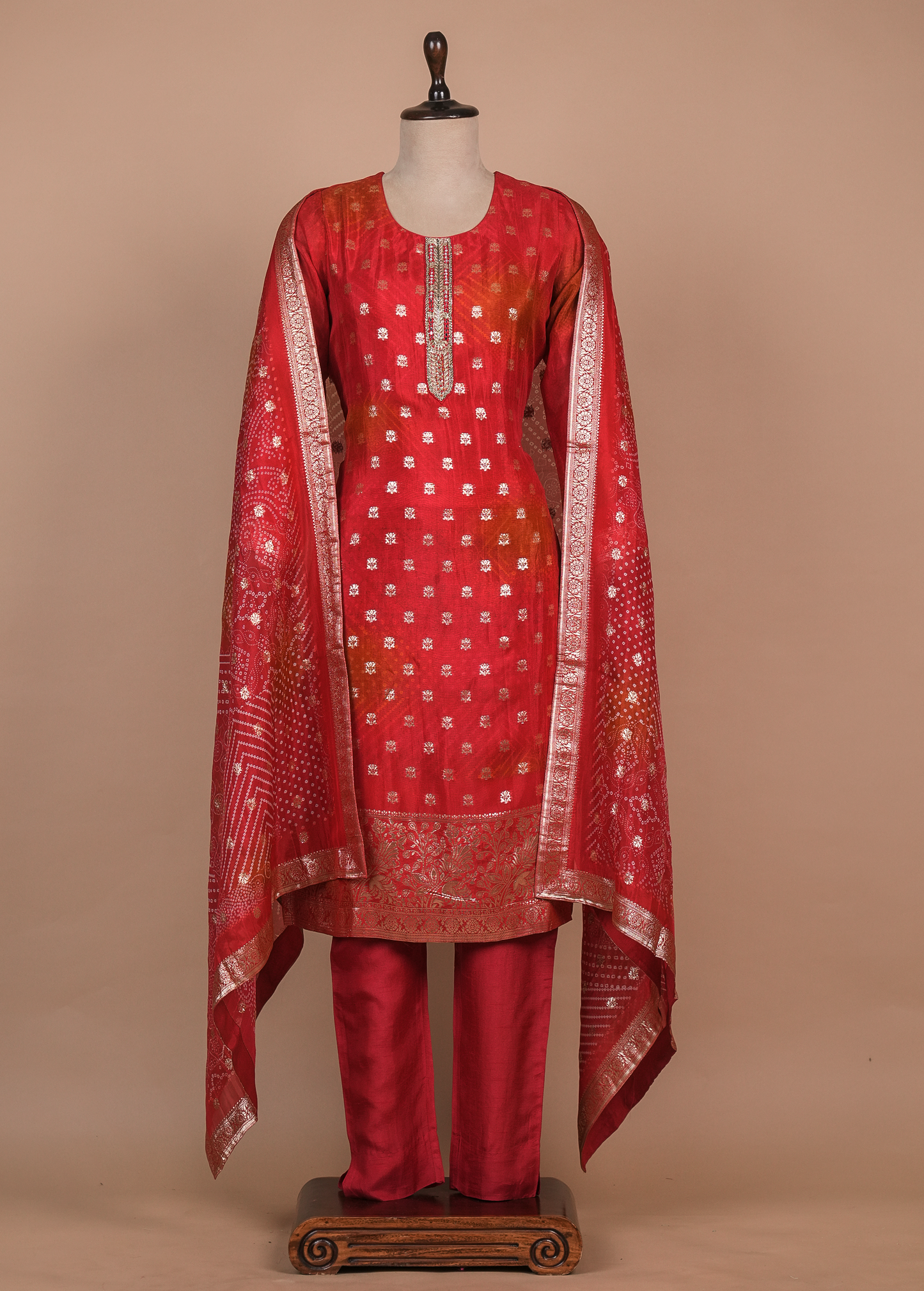 Red Cotton Silk Straight Set