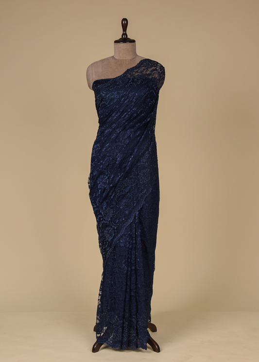 Blue Chantily Lace Embroidered Saree