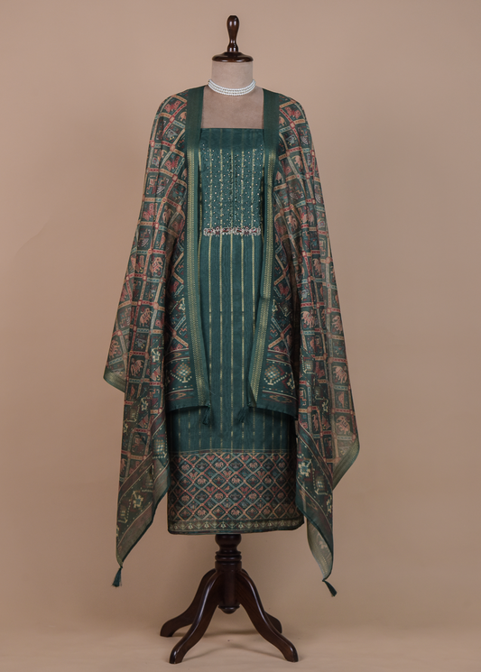 Green Chanderi Cotton Dress Material