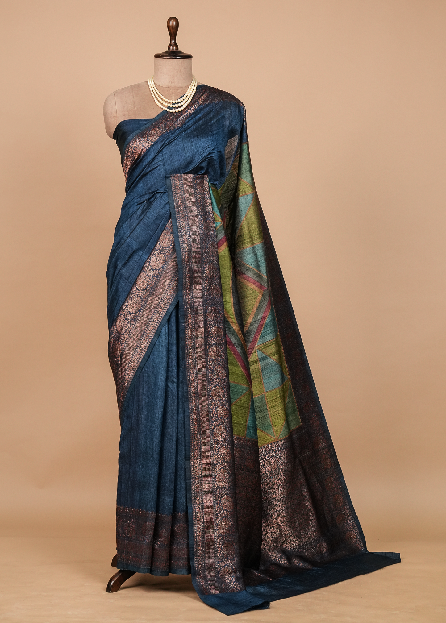 Blue Tussar Silk Printed Saree
