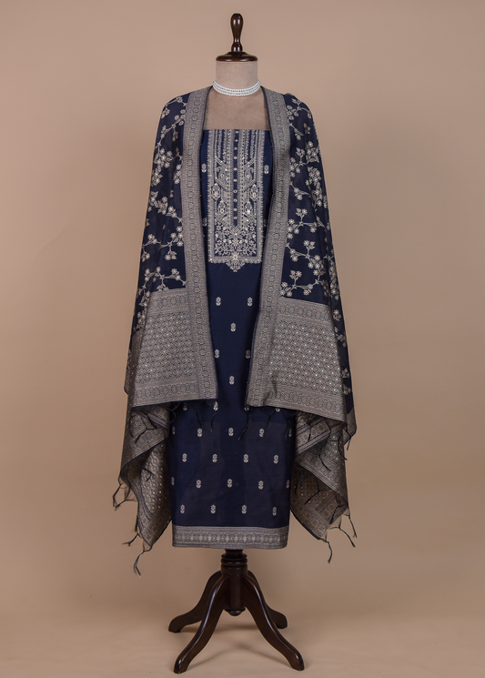 Blue Cotton Tussar Dress Material