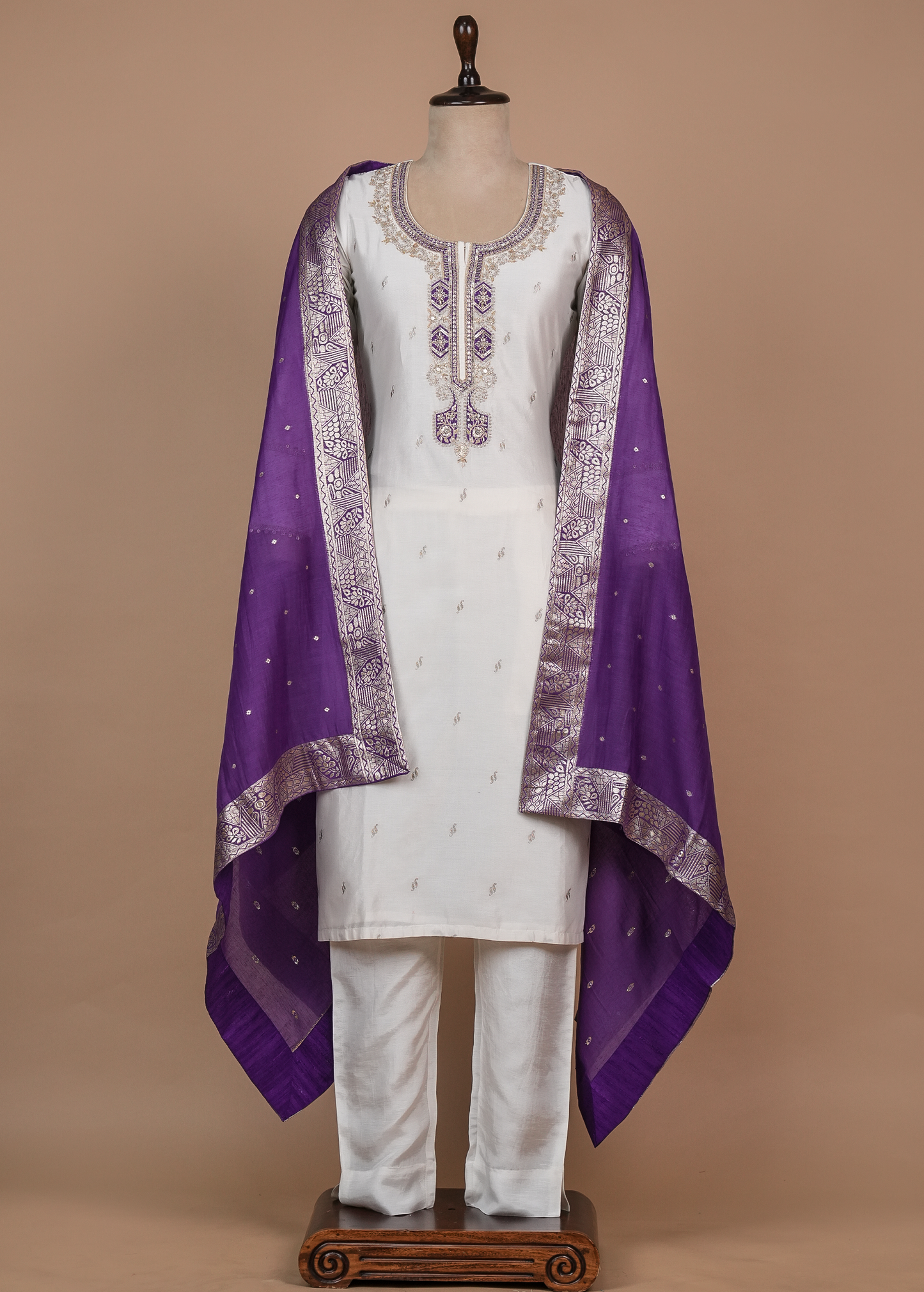 White Cotton Silk Straight Set