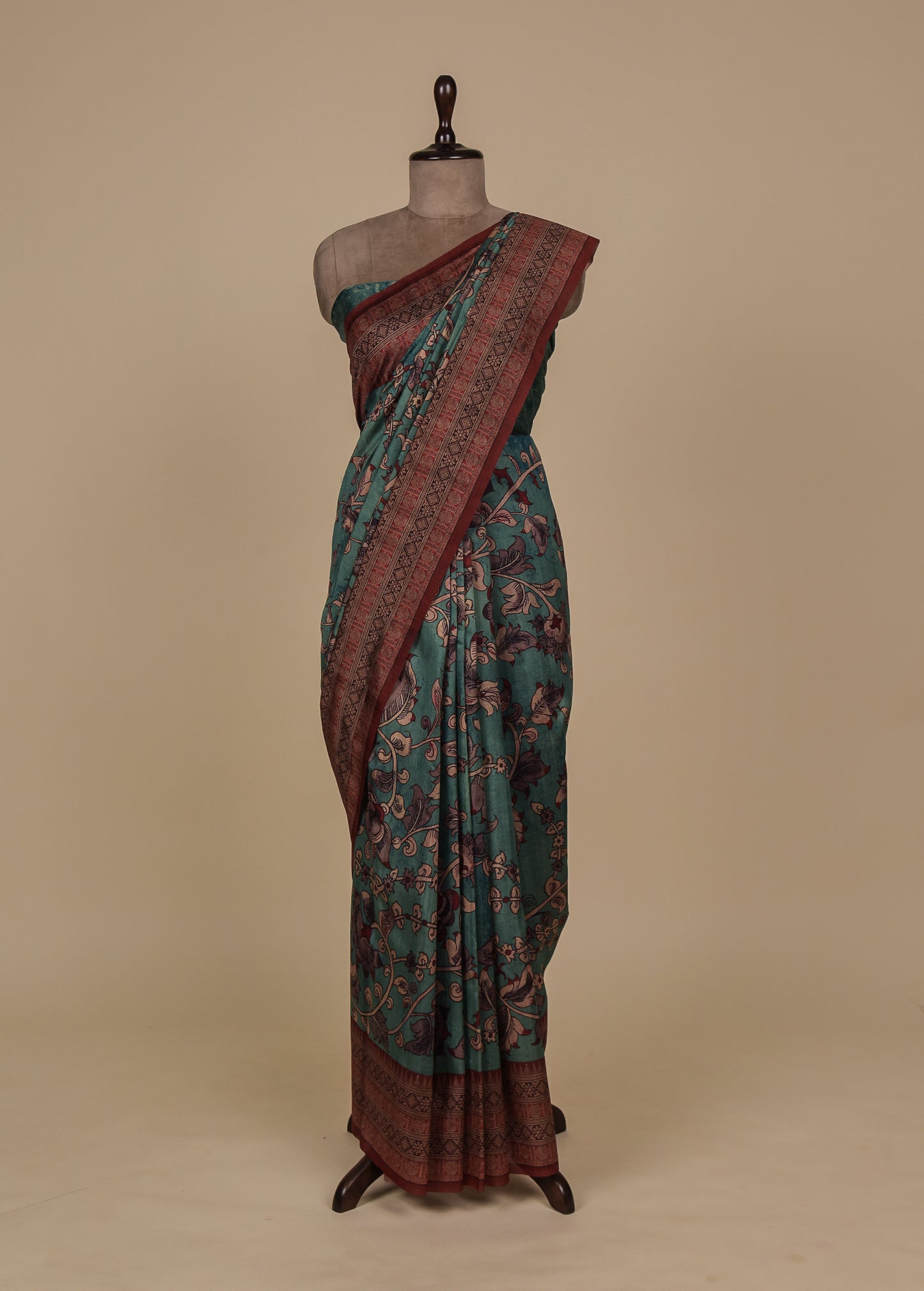 Blue Tussar Silk Printed Kalamkari Saree