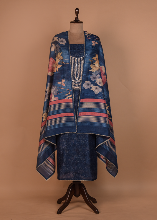 Blue Cotton Tussar Dress Material