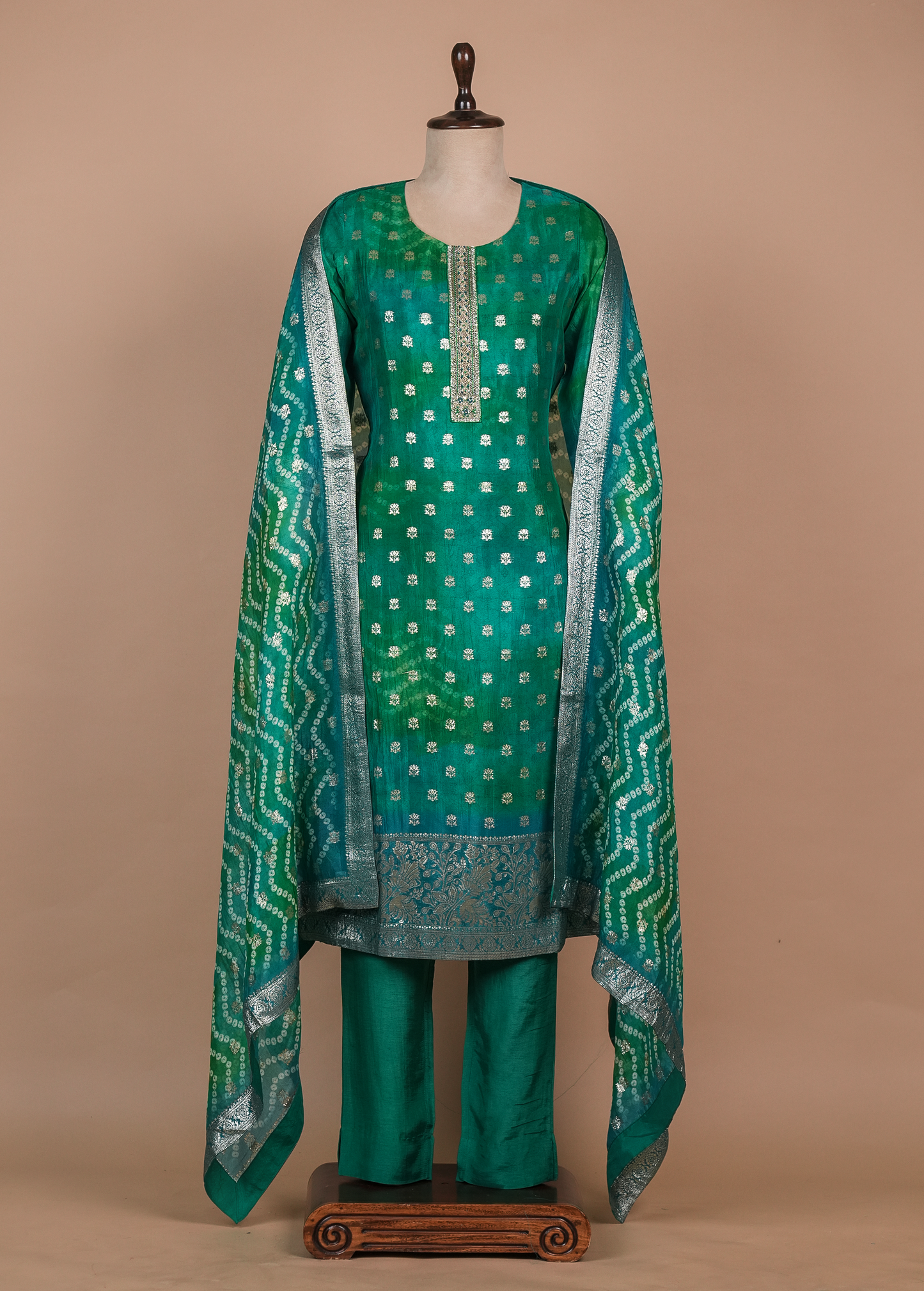 Green Cotton Silk Straight Set