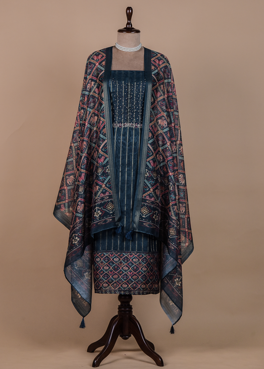 Blue Chanderi Cotton Dress Material