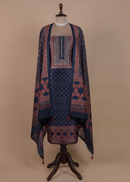 Blue Cotton Tussar Dress Material