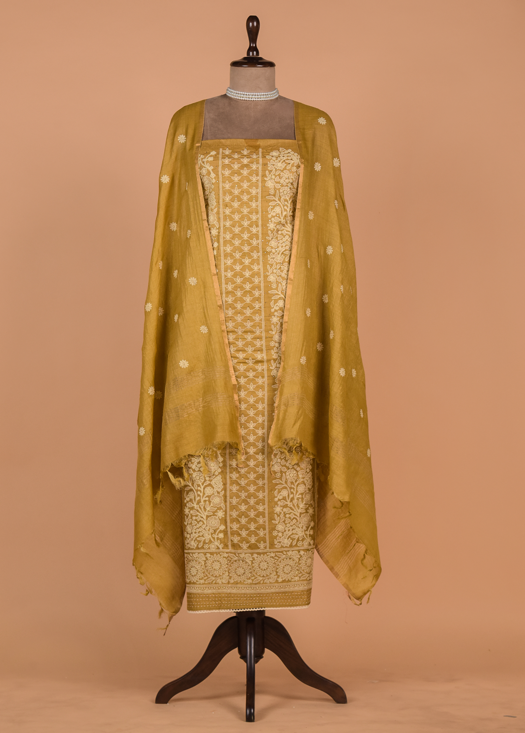 Yellow Tussar Silk Dress Material