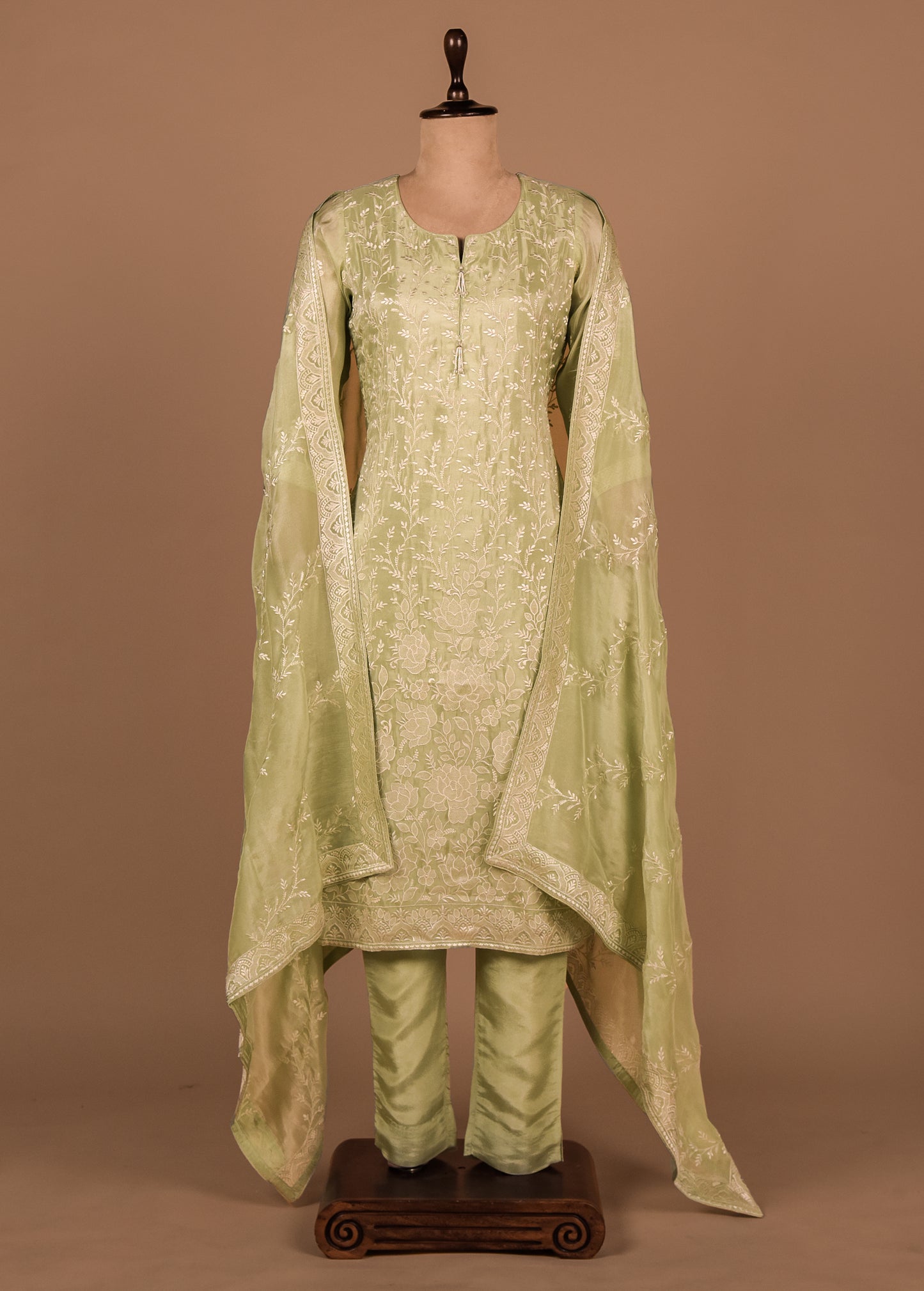 Green Cotton Silk Straight Set