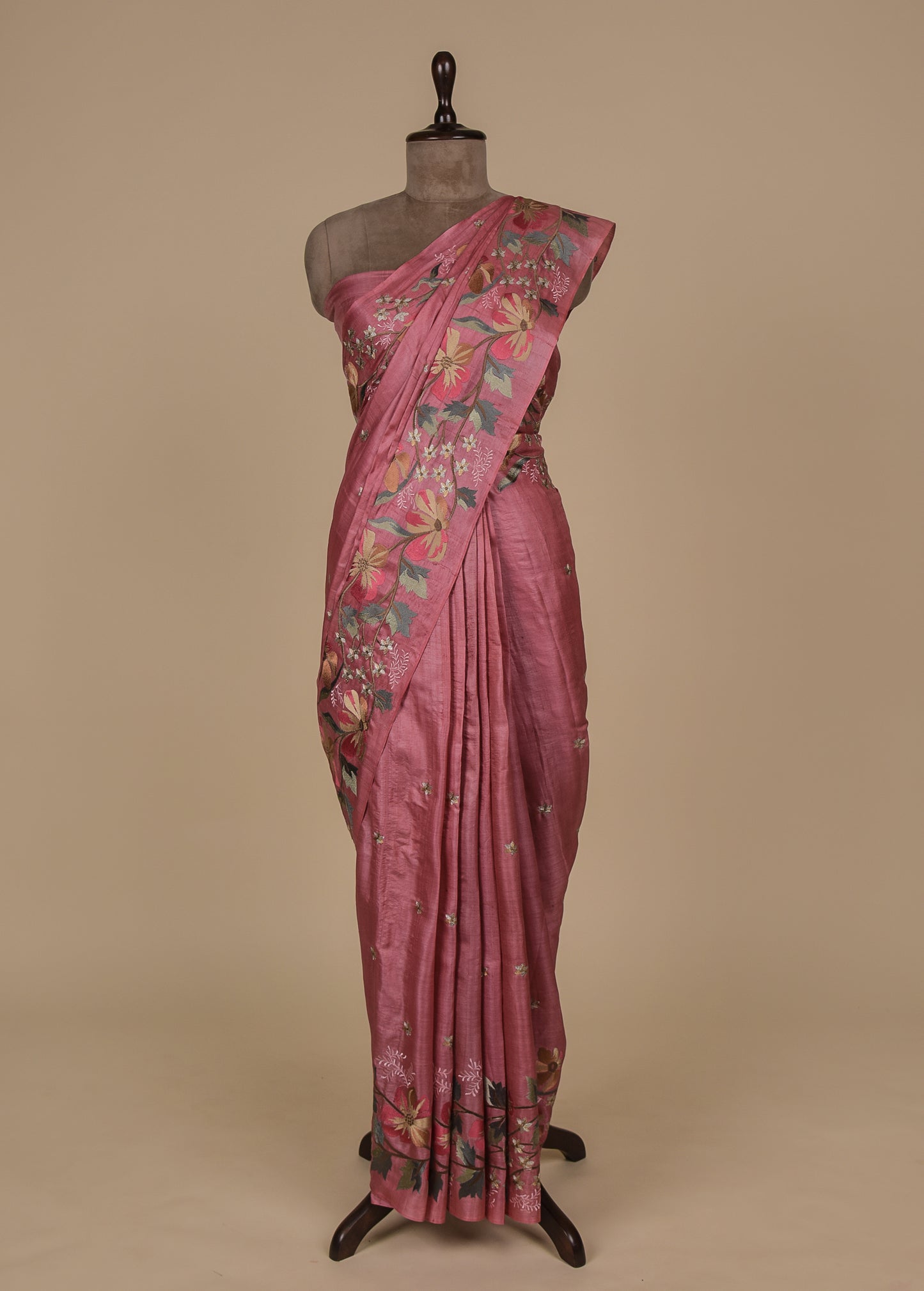 Pink Tussar Embroidered Saree