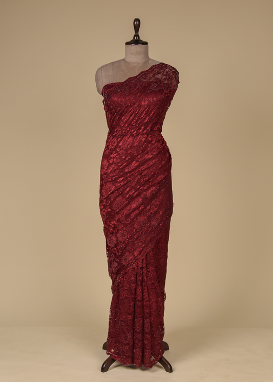 Maroon Chantily Lace Embroidered Saree