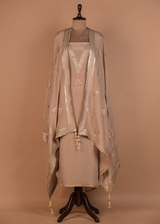 Beige Mushroo Silk Dress Material
