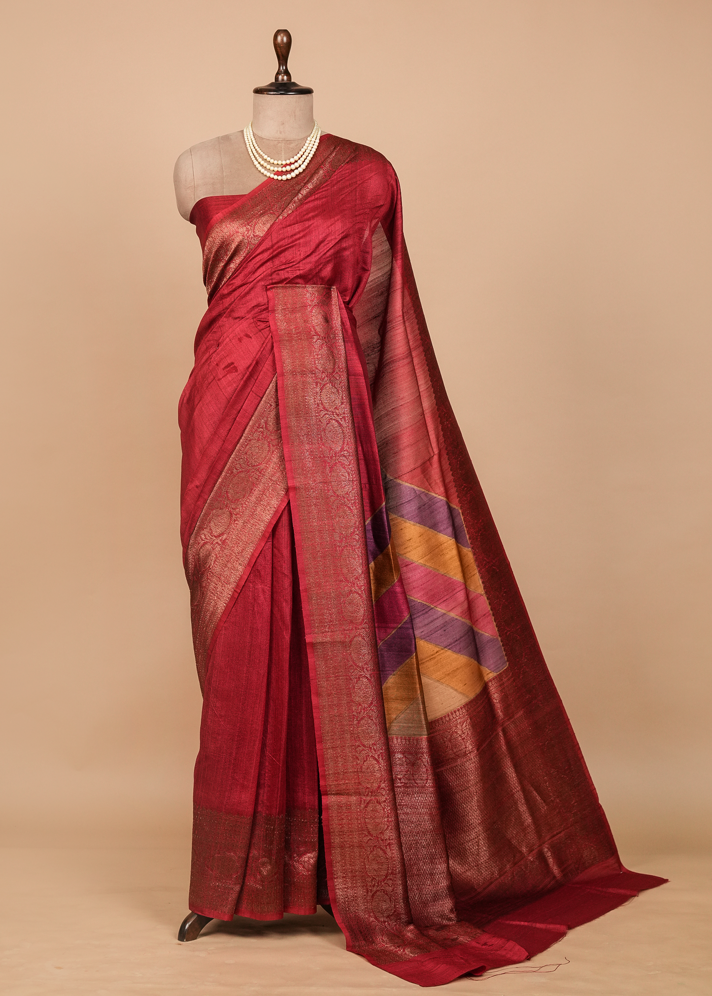 Red Tussar Silk Printed Saree