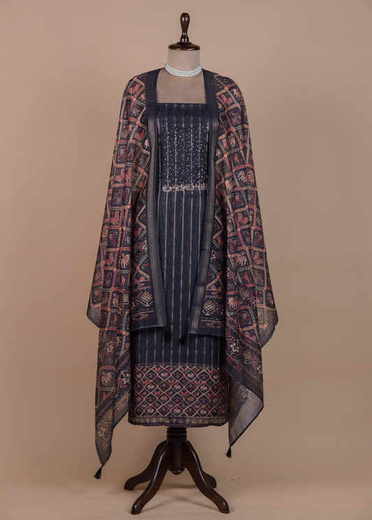 Blue Chanderi Cotton Dress Material