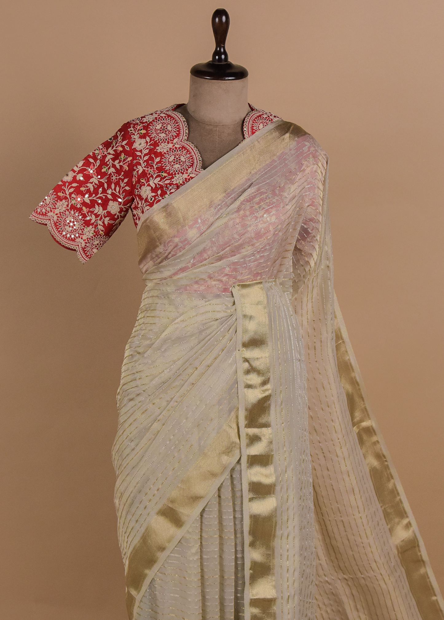 Cream Tissue Georgette Embroidered Saree