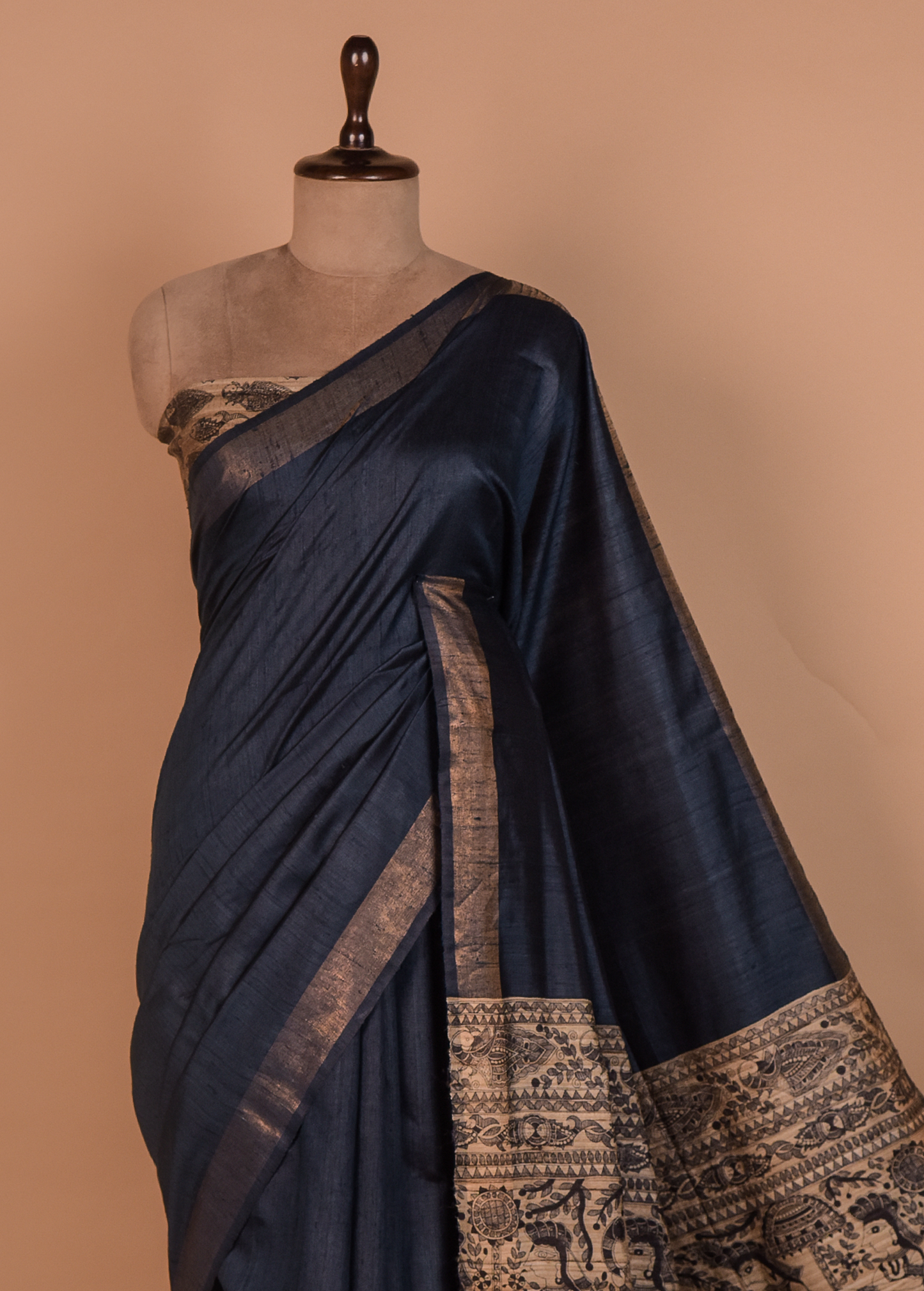 Blue Tussar Printed Saree