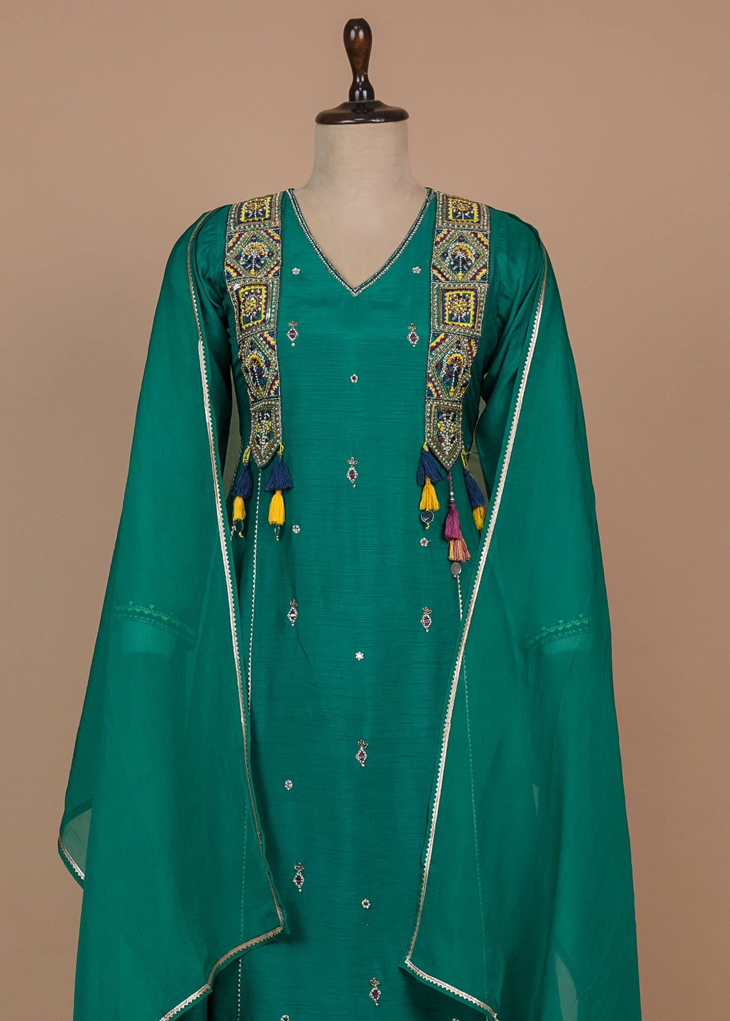 Green Cotton Silk Straight Set