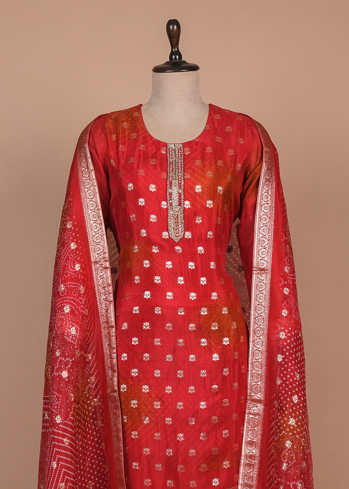 Red Cotton Silk Straight Set