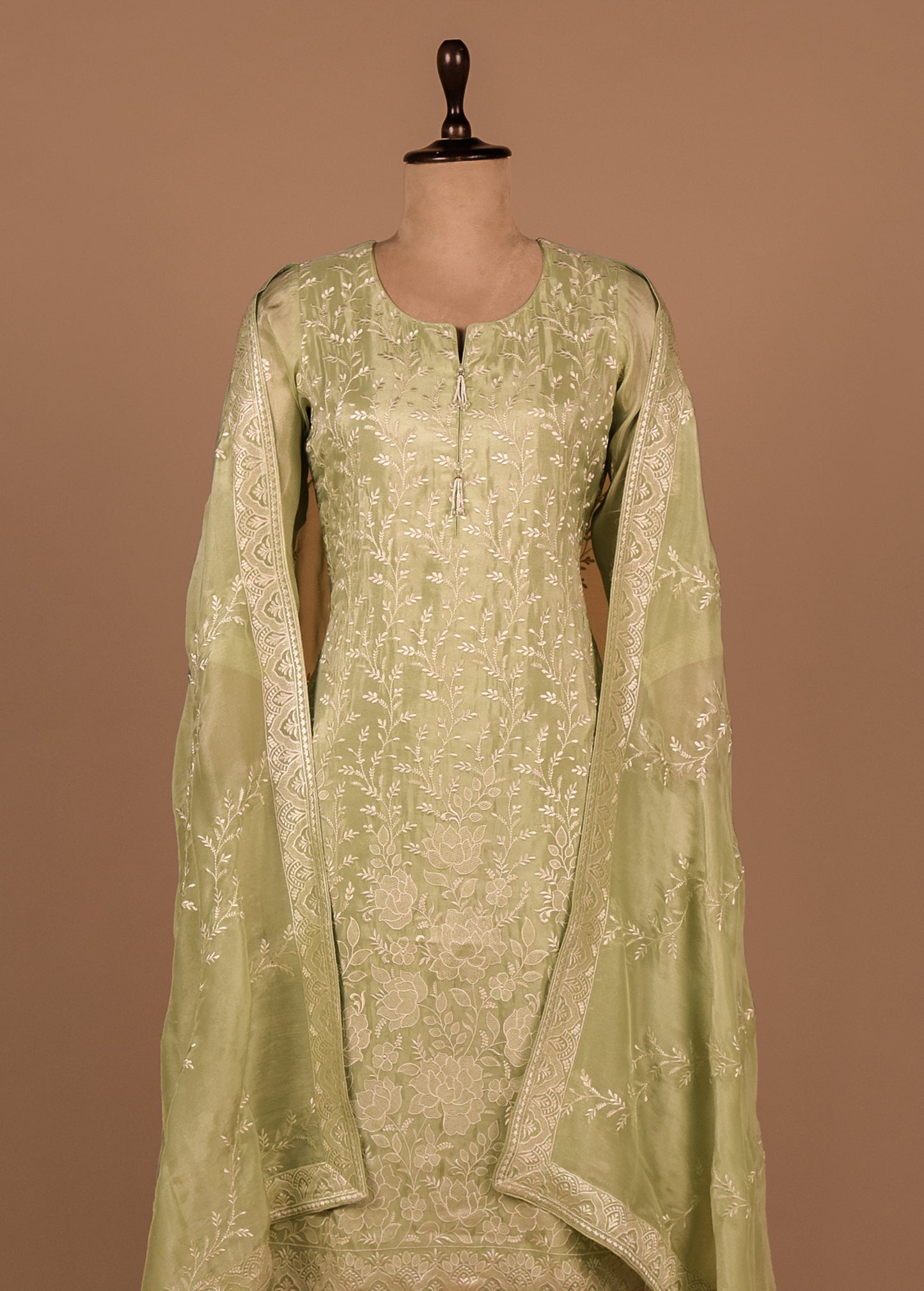 Green Cotton Silk Straight Set