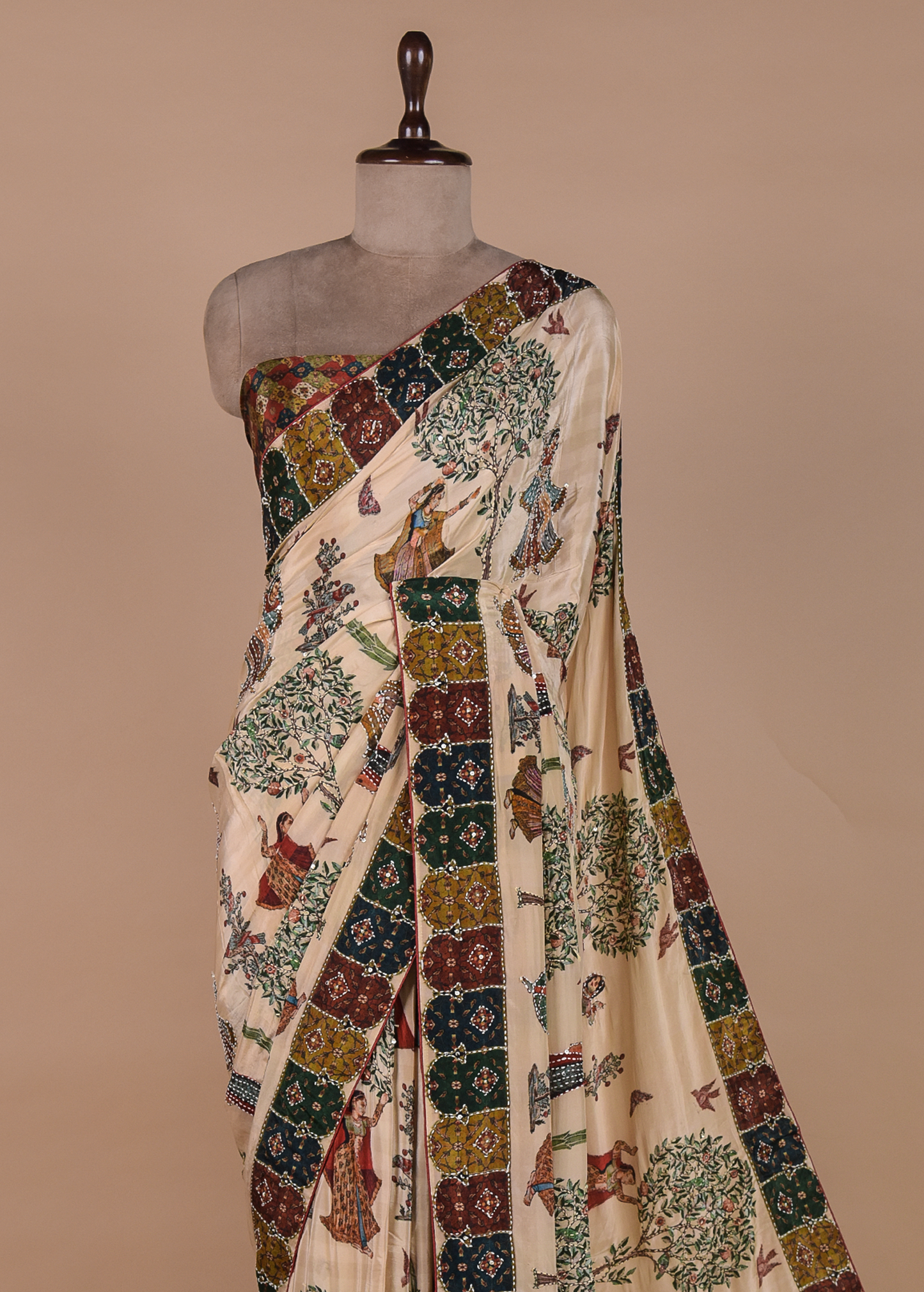 Cream Crepe Embroidered Saree