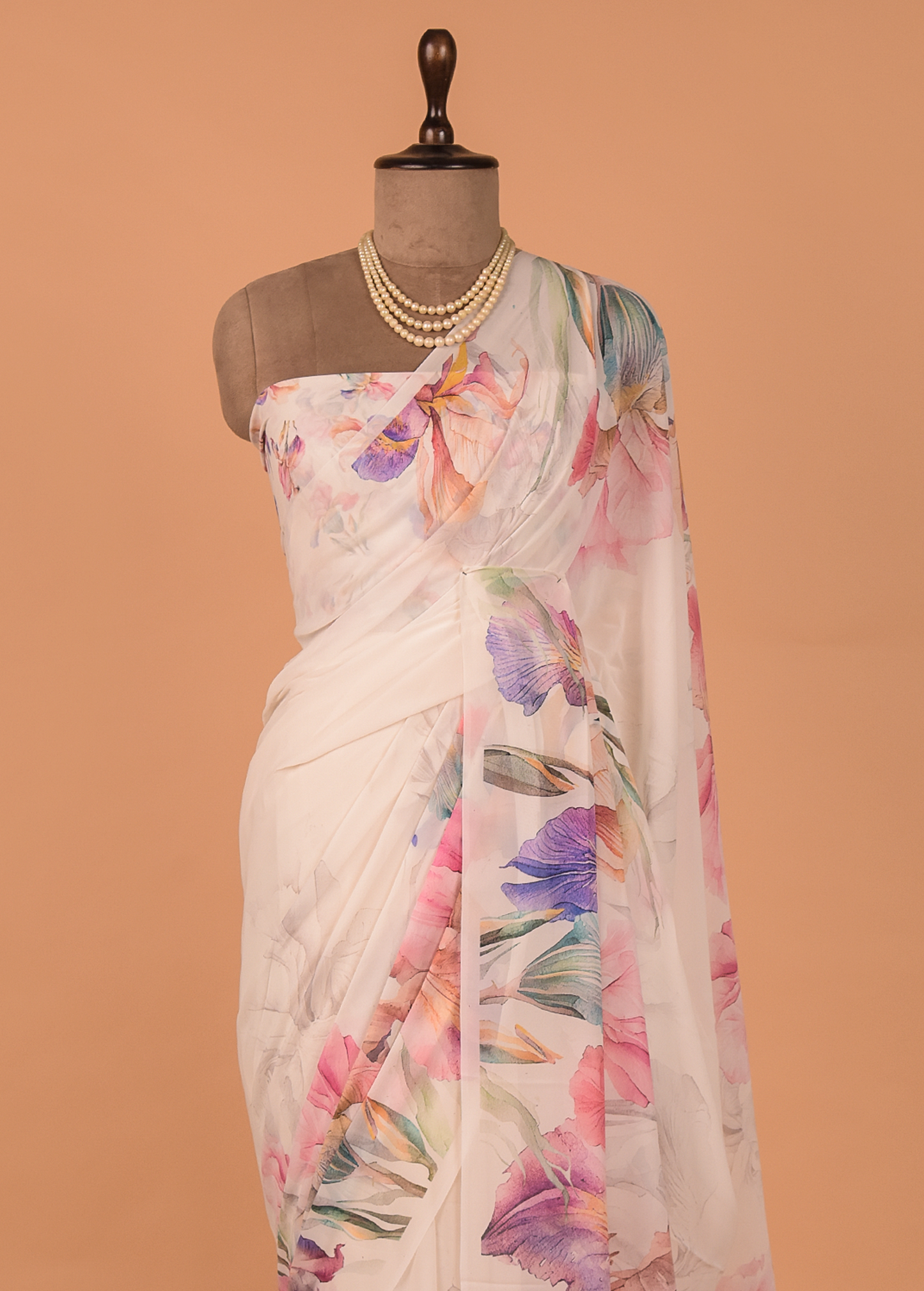 White Georgette Printed Saree