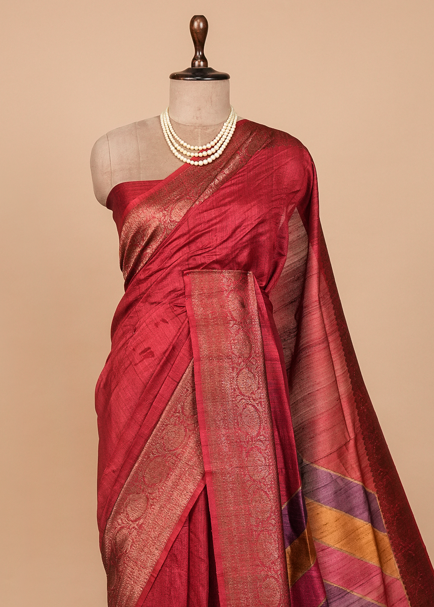 Red Tussar Silk Printed Saree