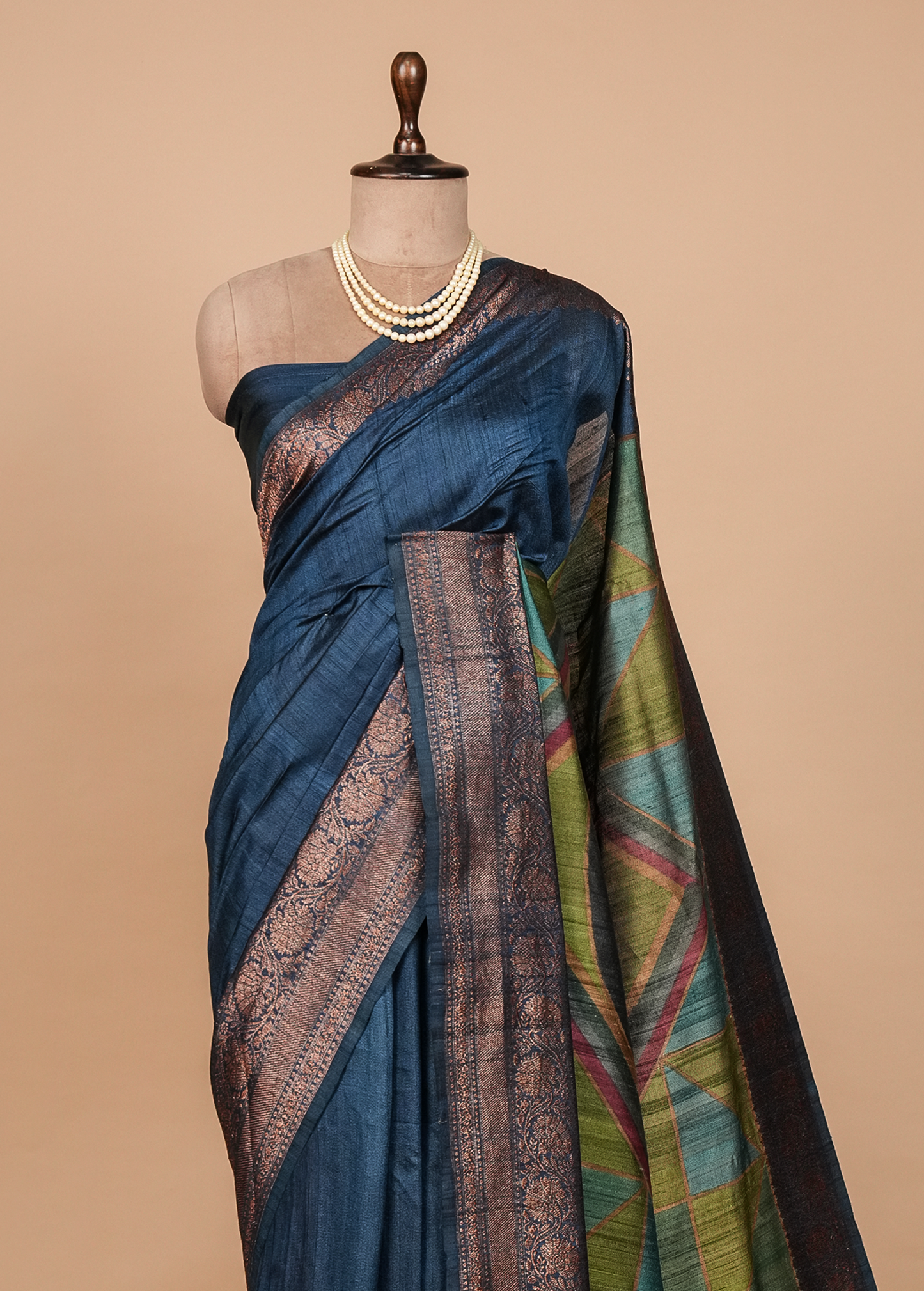 Blue Tussar Silk Printed Saree
