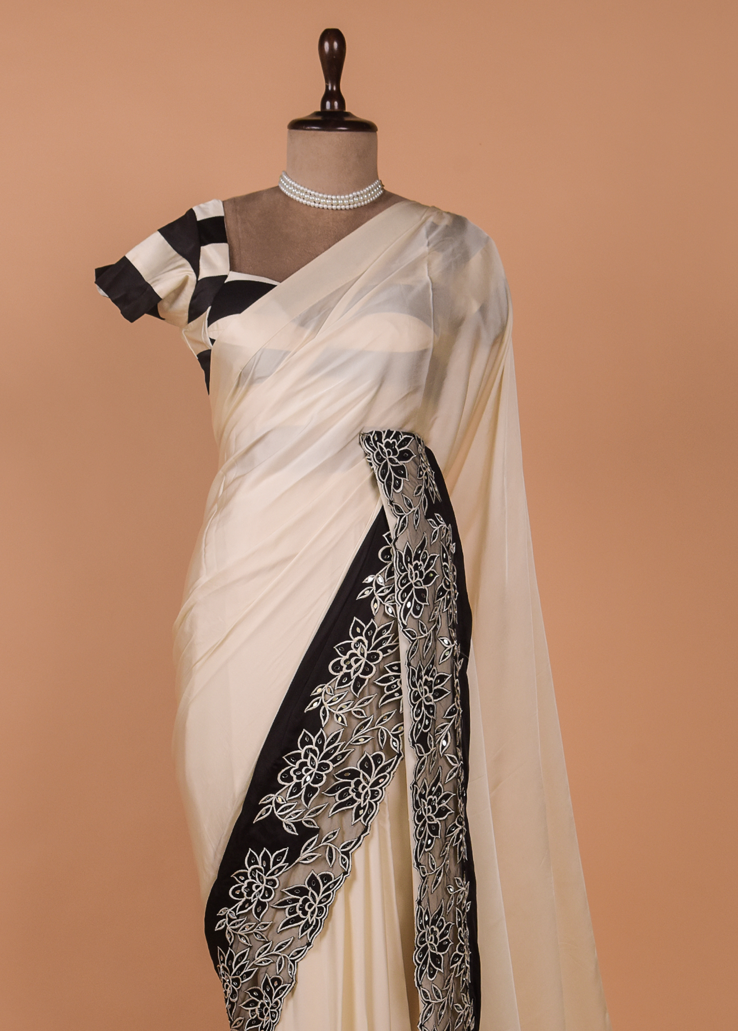 White Crepe Embroidered Saree