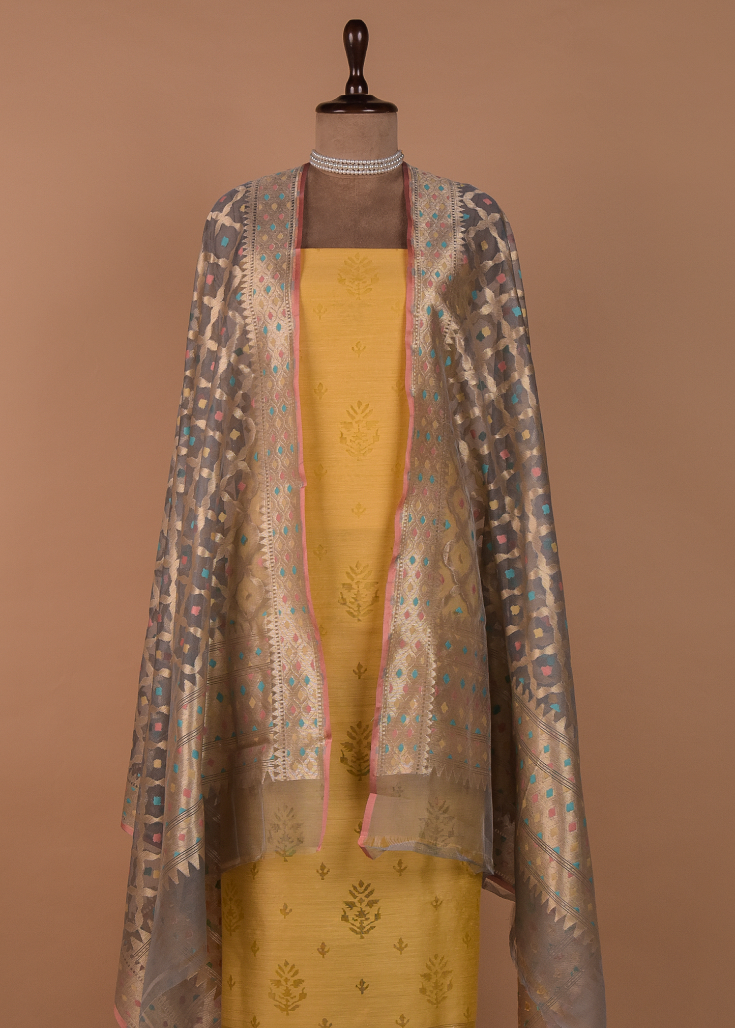 Yellow Dupion Silk Dress Material