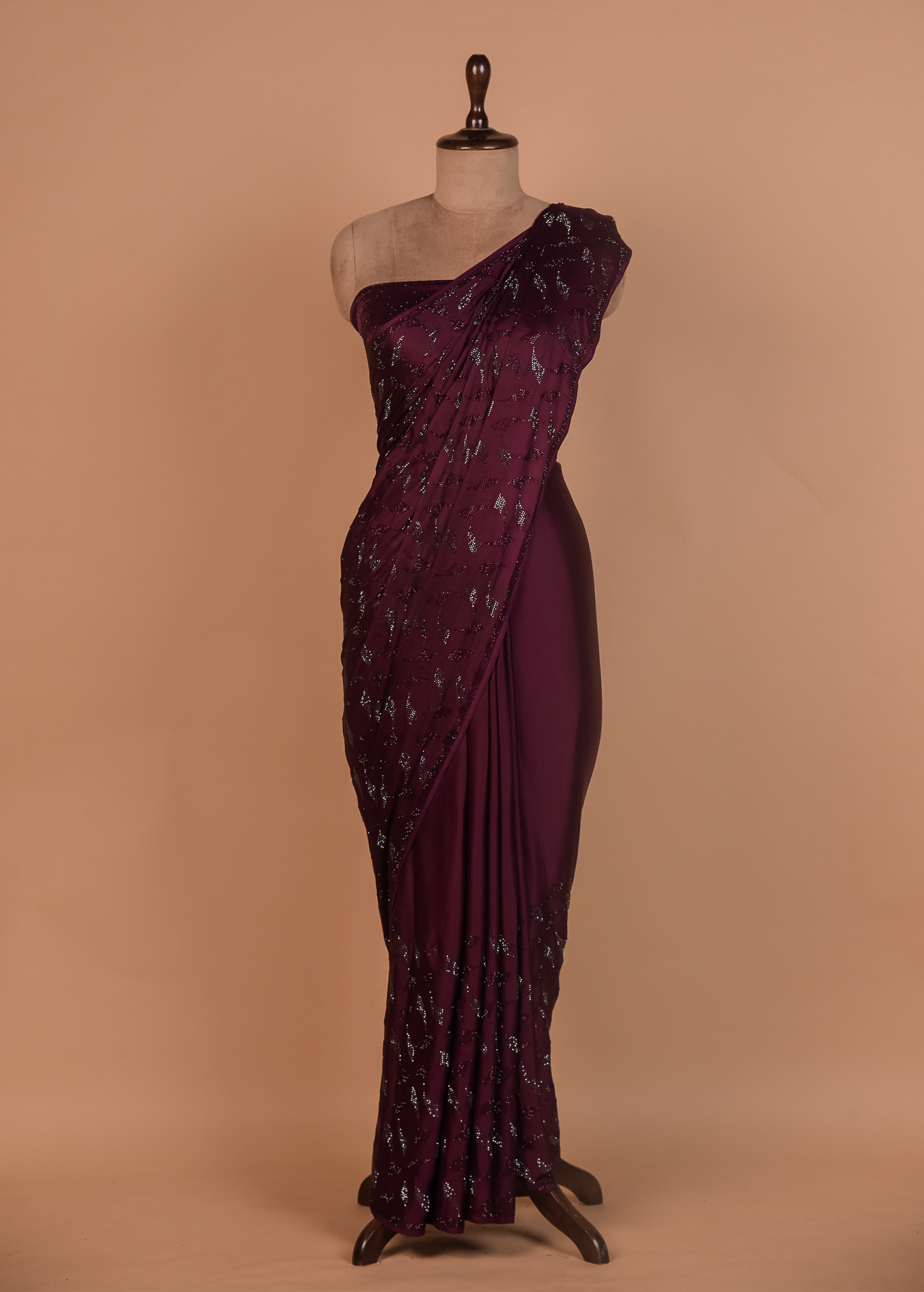 Wine Satin Embroidered Saree
