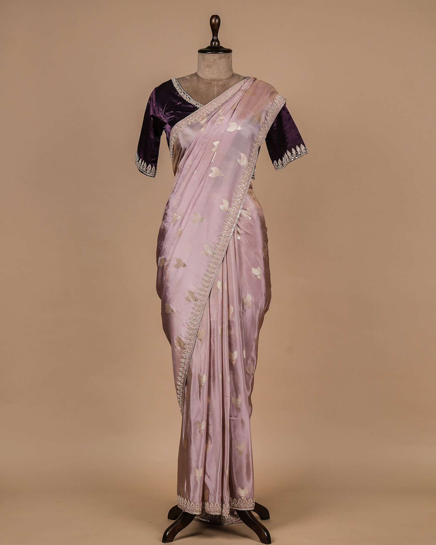 Purple Silk Crepe Embroidered Saree