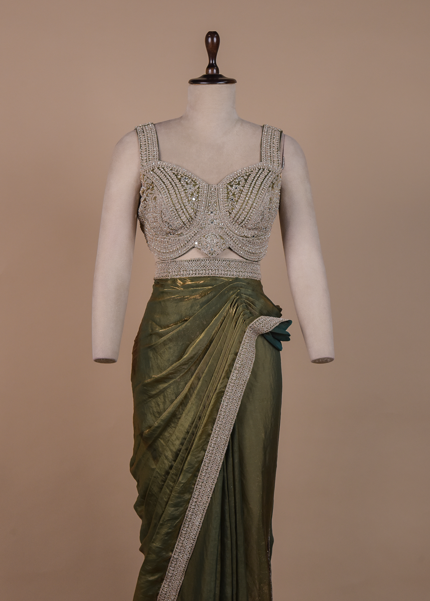 Green Tissue Georgette Readymade Saree