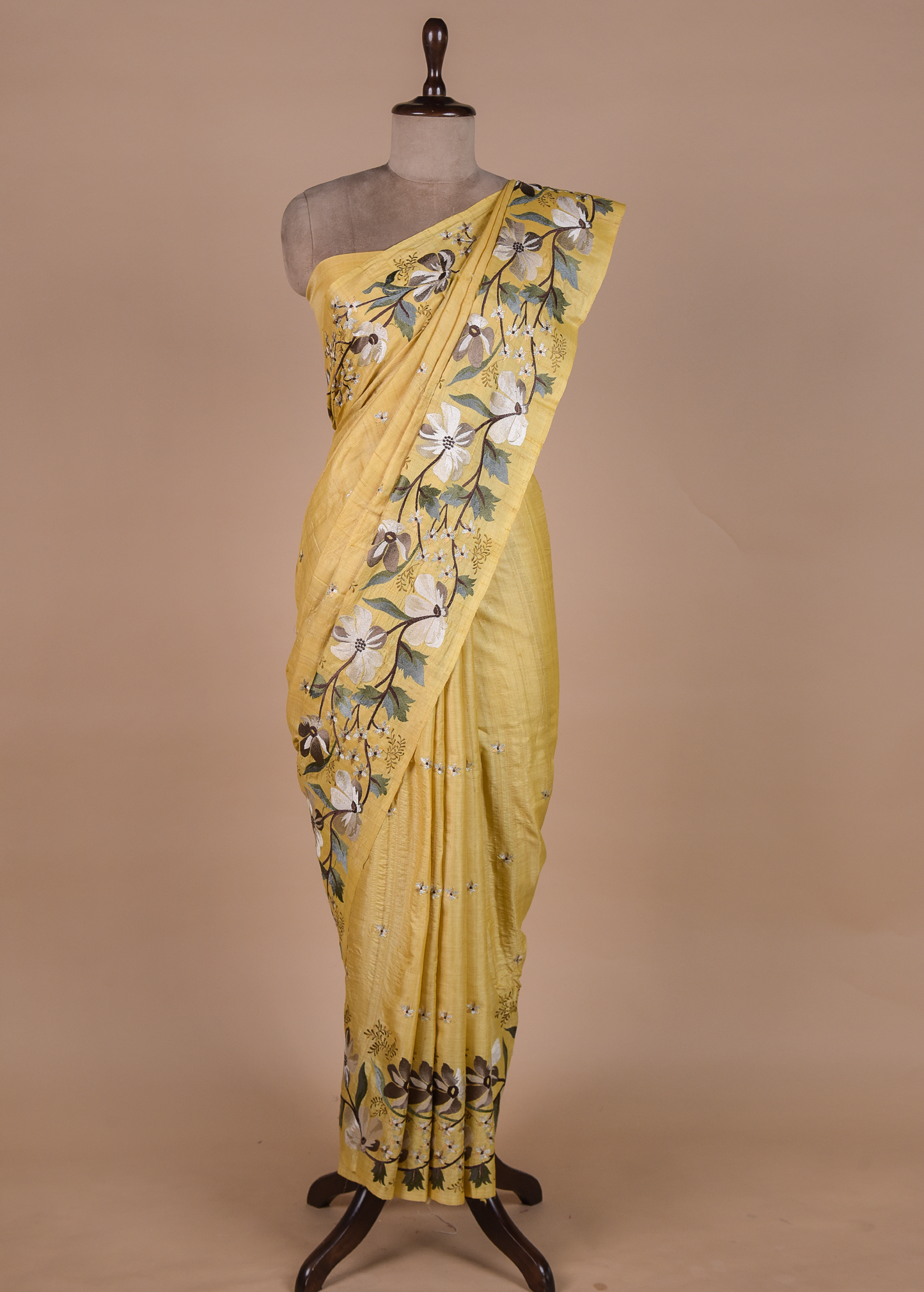 Yellow Tussar Embroidered Saree