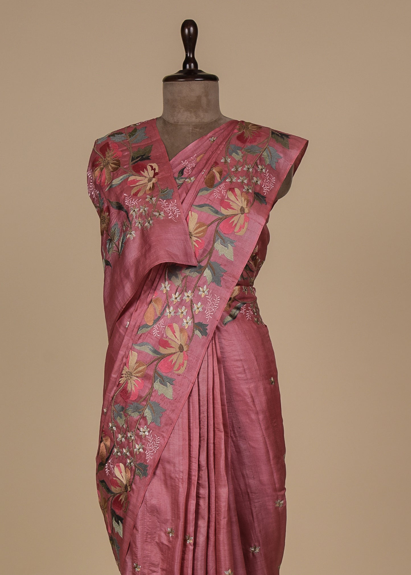 Pink Tussar Embroidered Saree